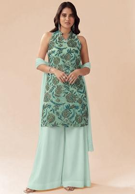 Soft Blue Floral Print Crepe Kurta Set