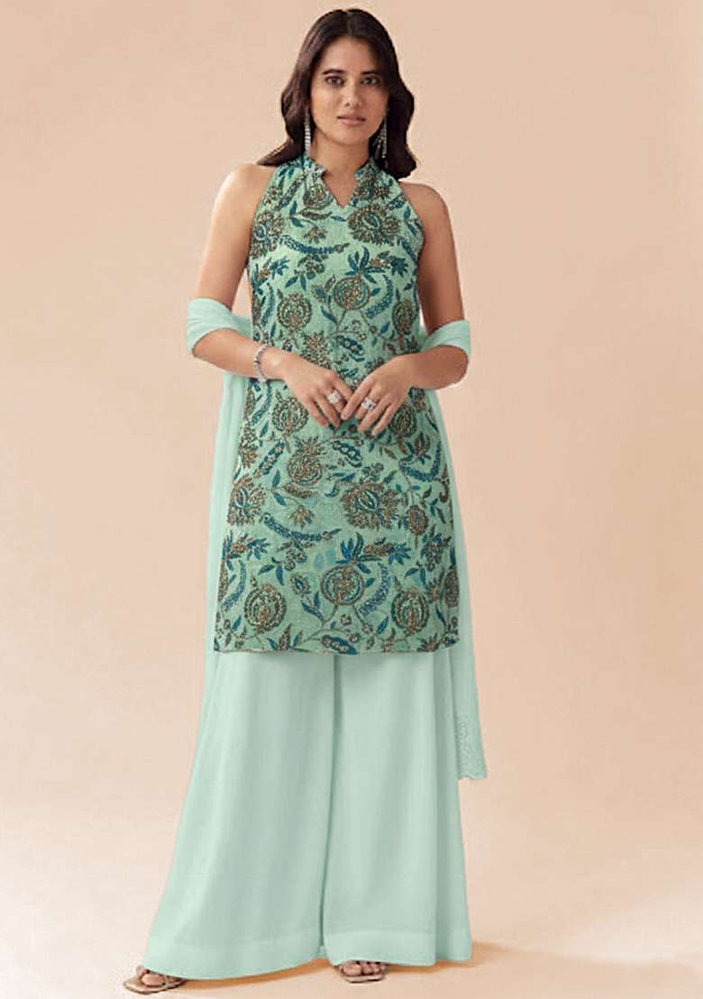Soft Blue Floral Print Crepe Kurta Set - Indya