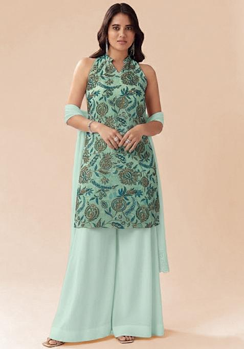 Soft Blue Floral Print Crepe Kurta Set