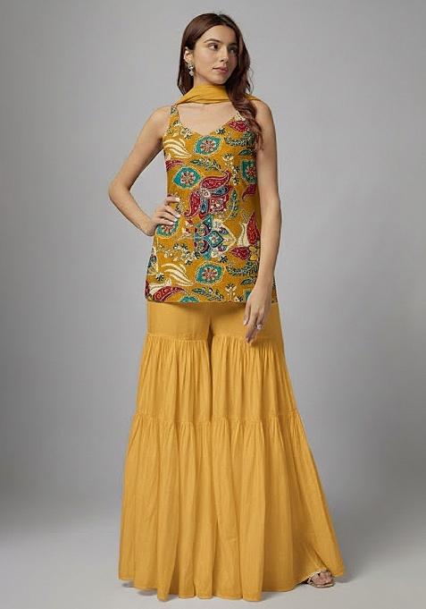 Mustard Printed Crepe Sharara Set