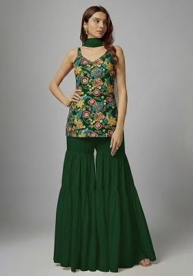 Bottle Green Printed Crepe Sharara Set