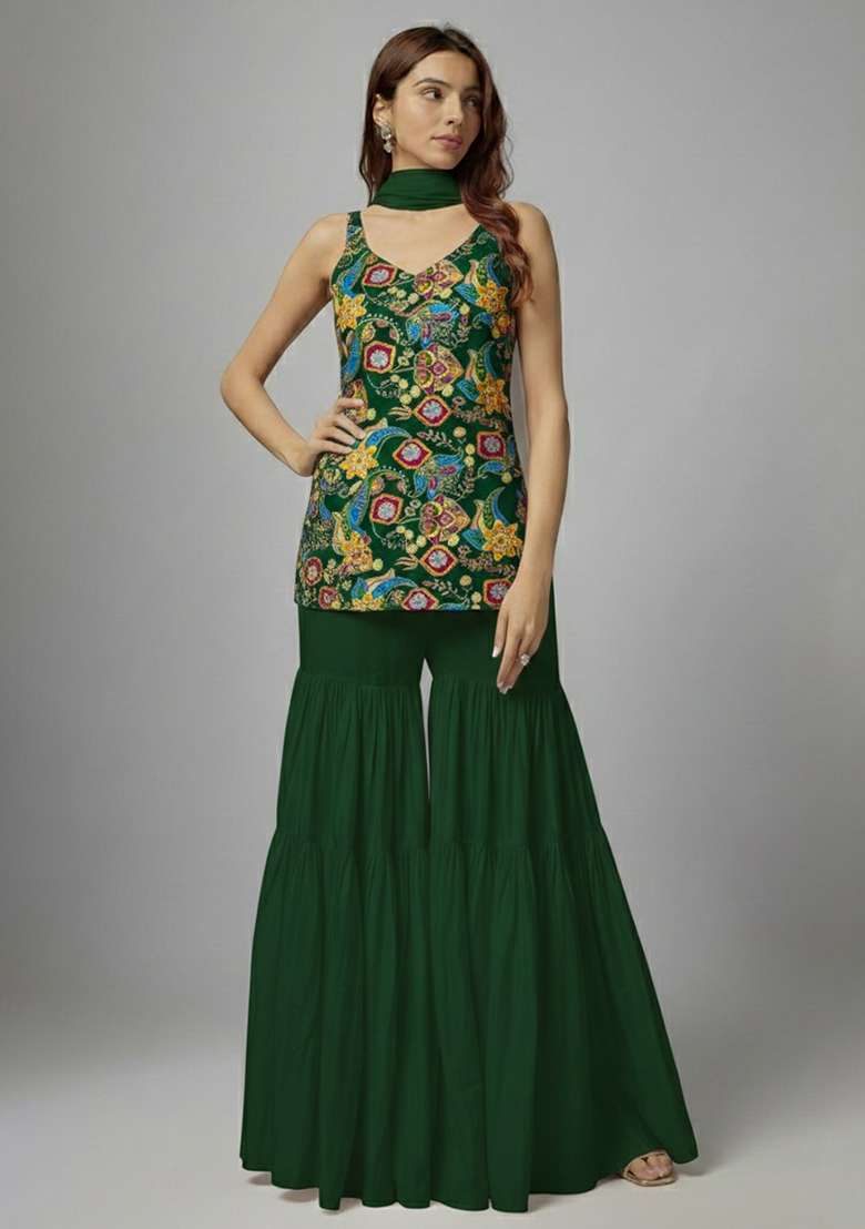 Bottle Green Printed Crepe Sharara Set - Indya