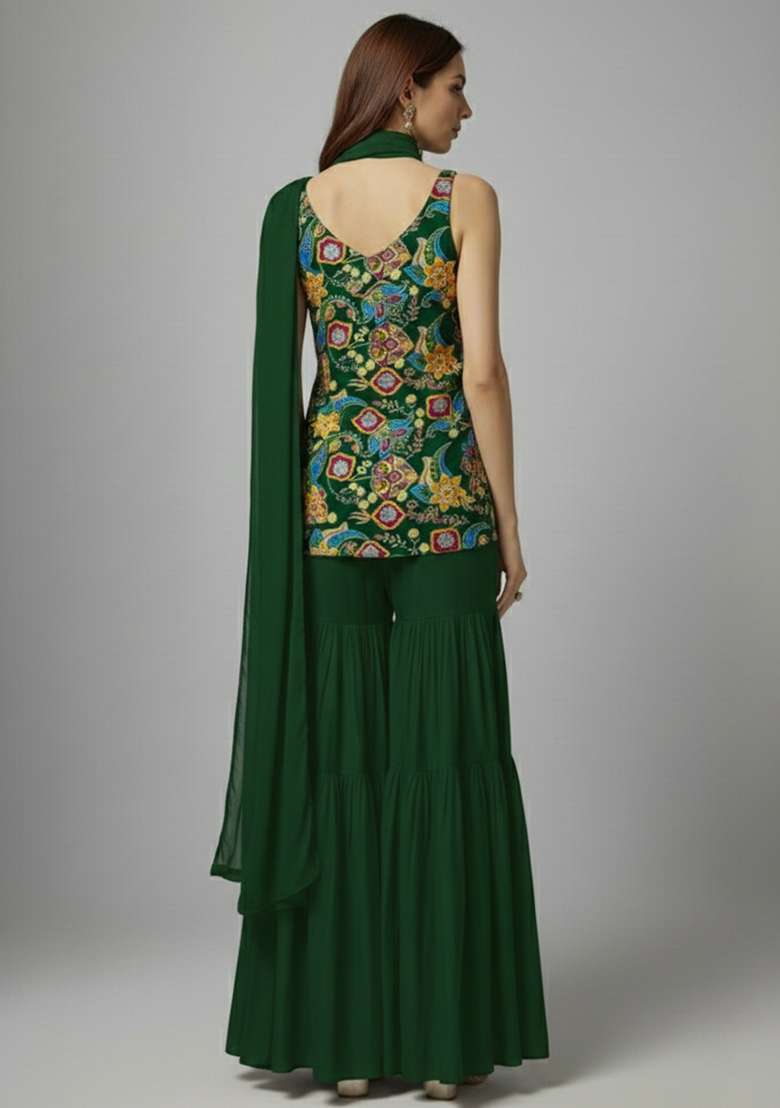 Bottle Green Printed Crepe Sharara Set - Indya