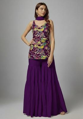 Purple Printed Crepe Sharara Set