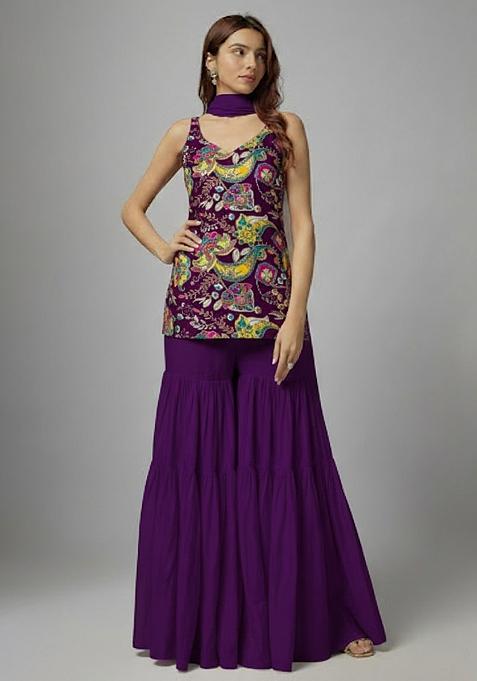 Purple Printed Crepe Sharara Set
