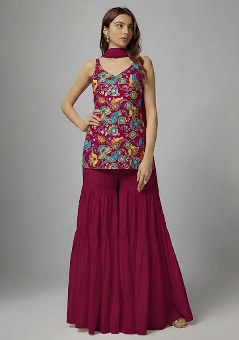 Rani Pink Printed Crepe Sharara Set - Indya
