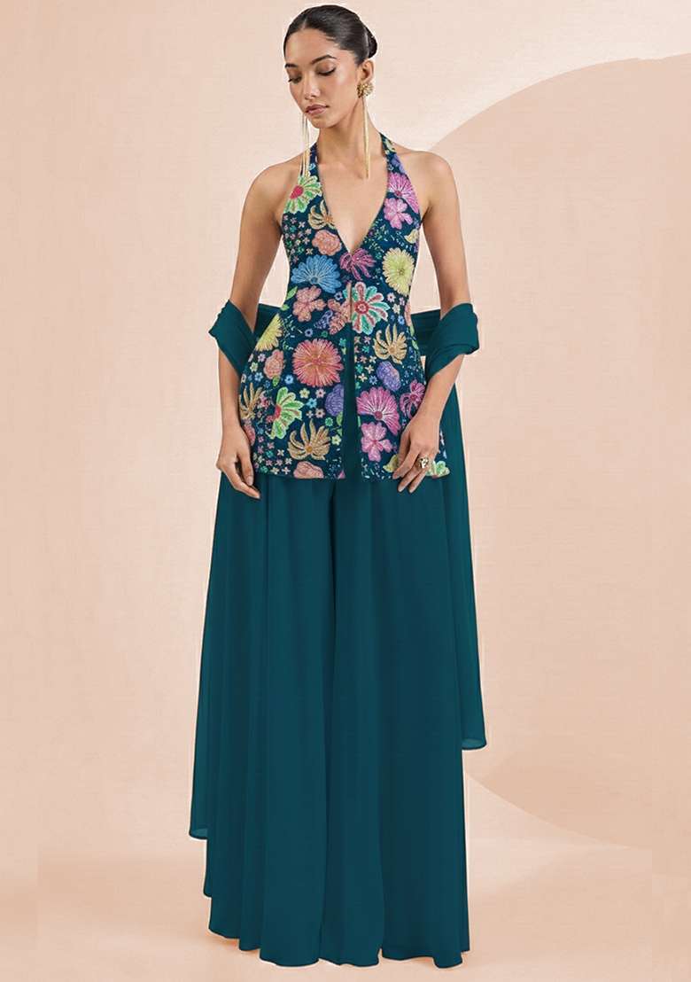 Teal Green Floral Print Chinon Sharara Set - Indya