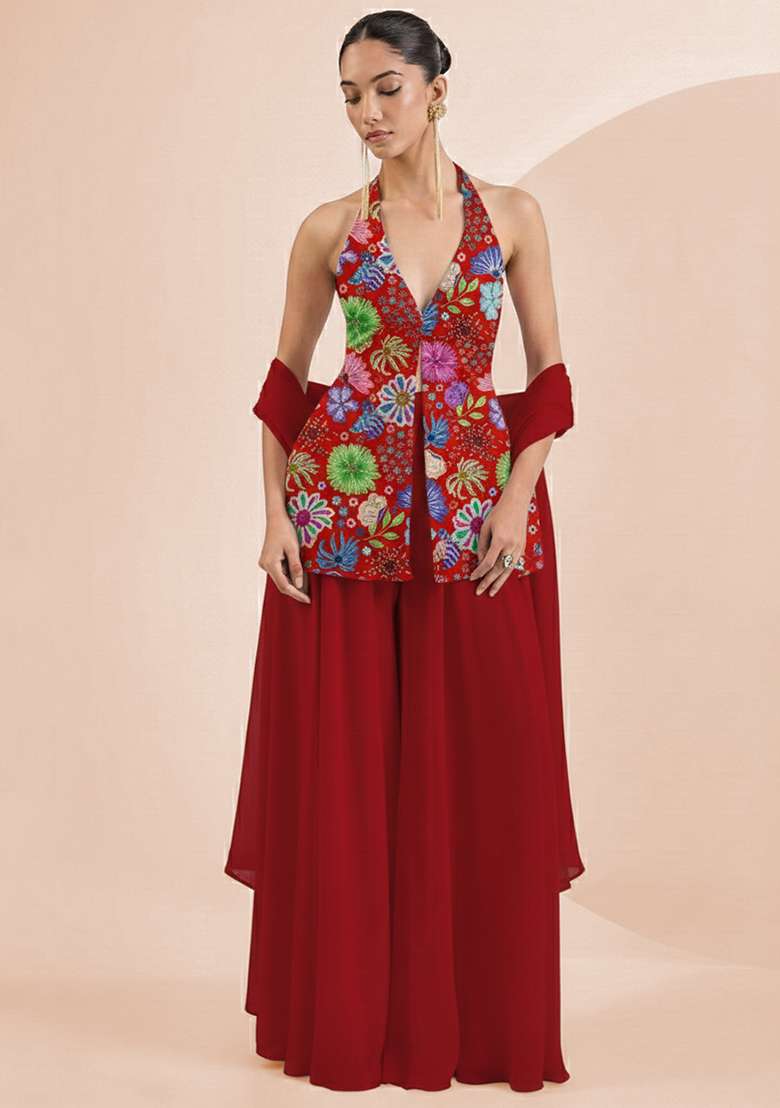Bright Red Floral Print Chinon Sharara Set - Indya