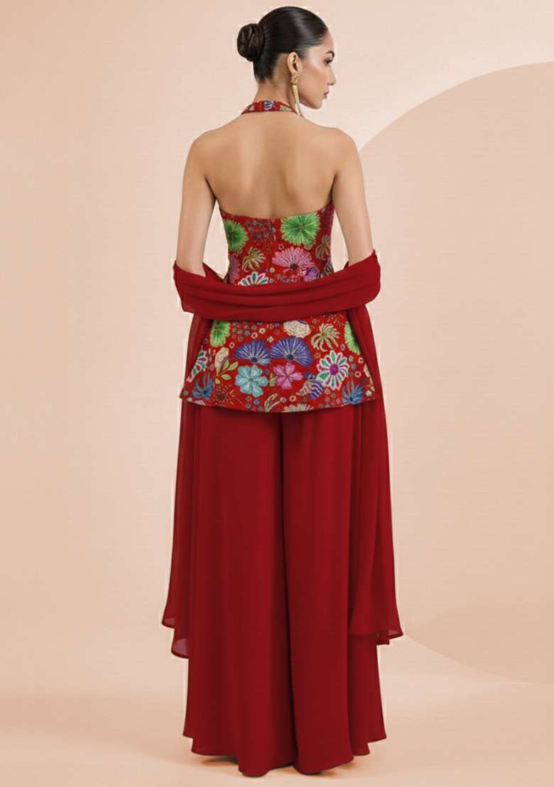 Bright Red Floral Print Chinon Sharara Set - Indya