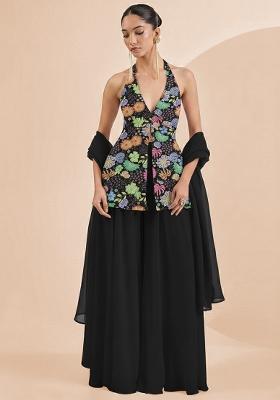 Black Floral Print Chinon Sharara Set