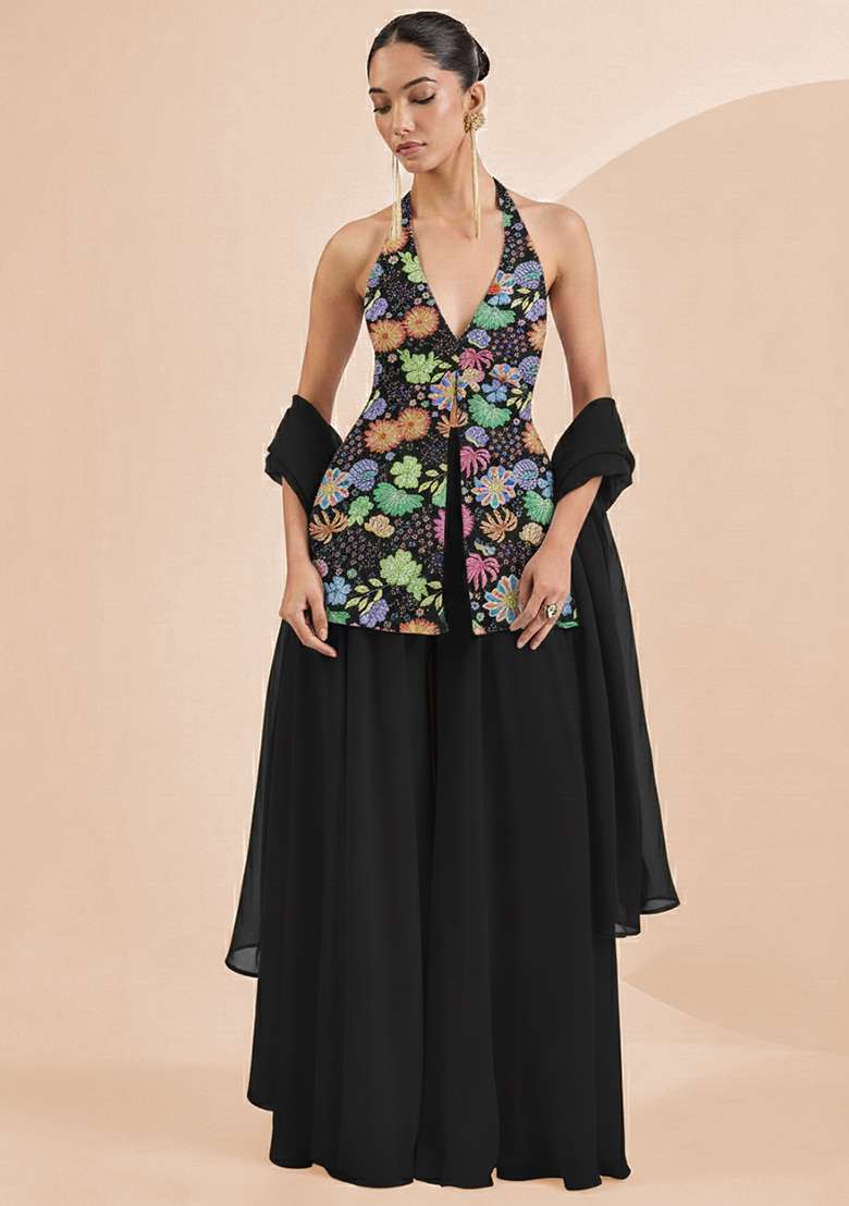 Black Floral Print Chinon Sharara Set - Indya