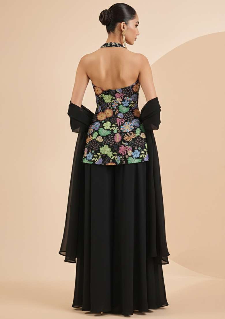 Black Floral Print Chinon Sharara Set - Indya