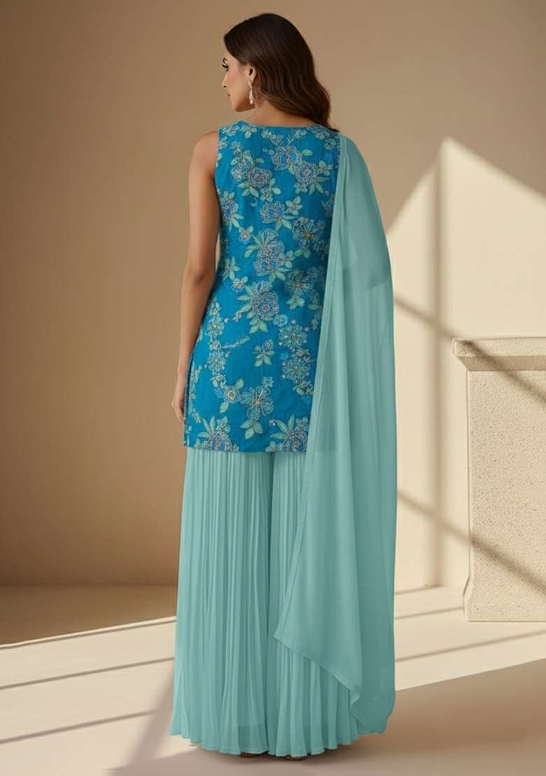 Sky Blue Floral Print Crepe Sharara Set - Indya