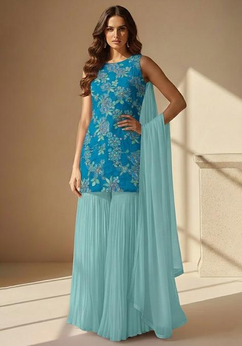 Sky Blue Floral Print Crepe Sharara Set