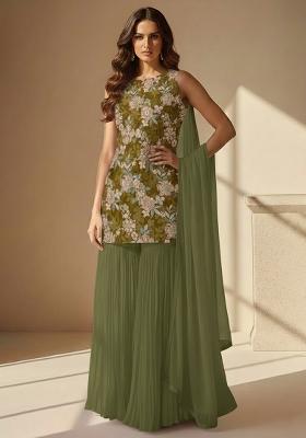 Olive Green Floral Print Crepe Sharara Set