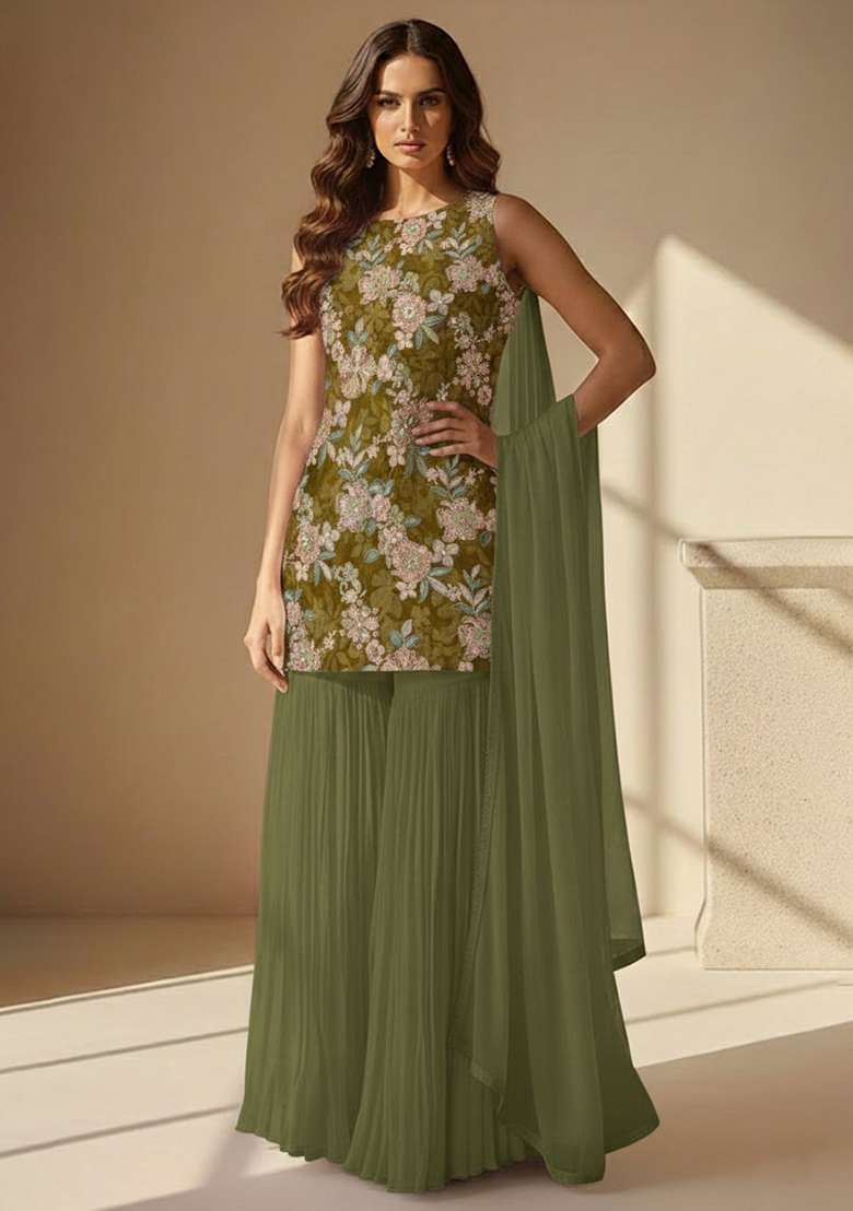 Olive Green Floral Print Crepe Sharara Set - Indya