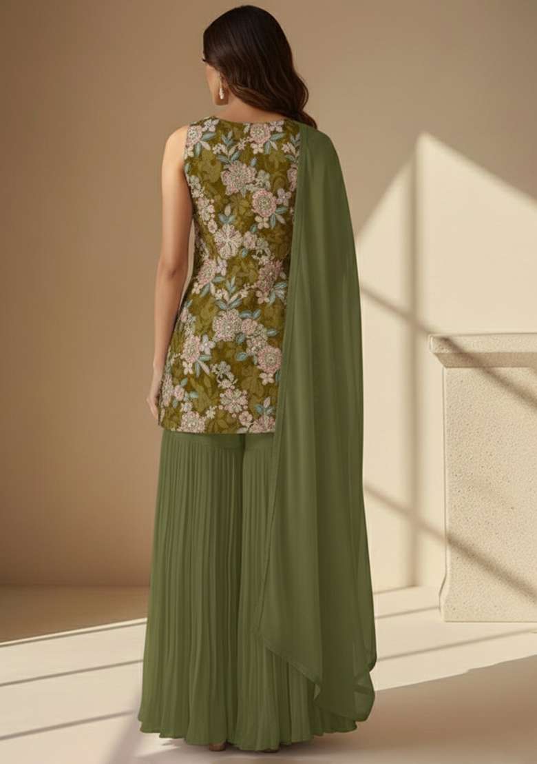 Olive Green Floral Print Crepe Sharara Set - Indya