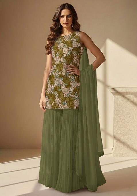 Olive Green Floral Print Crepe Sharara Set