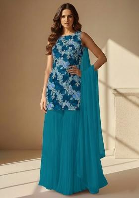 Aqua Blue Floral Print Crepe Sharara Set