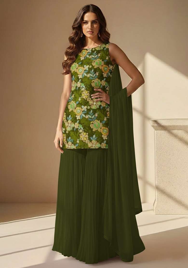 Olive Green Floral Print Crepe Sharara Set - Indya