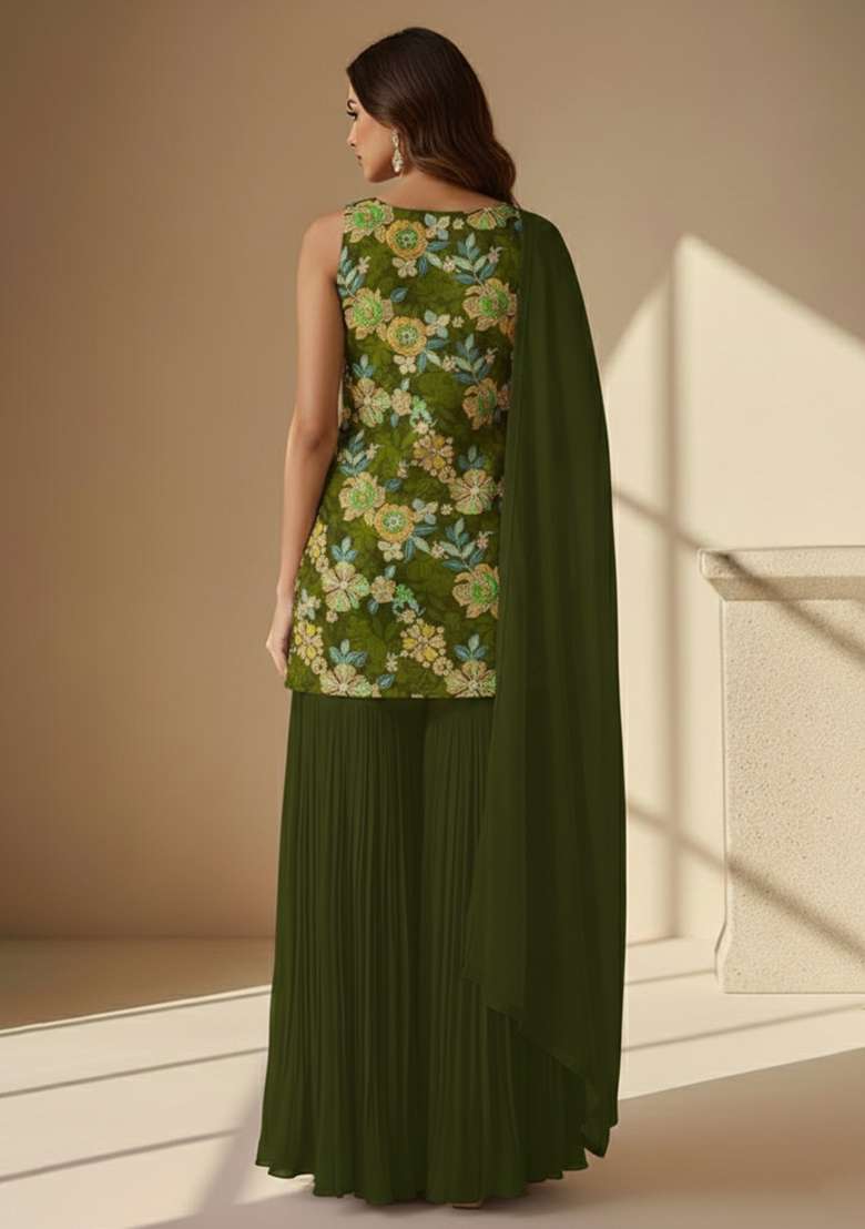 Olive Green Floral Print Crepe Sharara Set - Indya