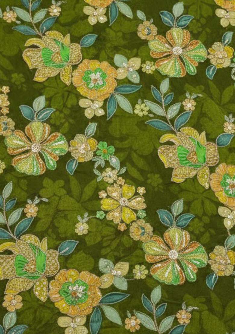 Olive Green Floral Print Crepe Sharara Set - Indya