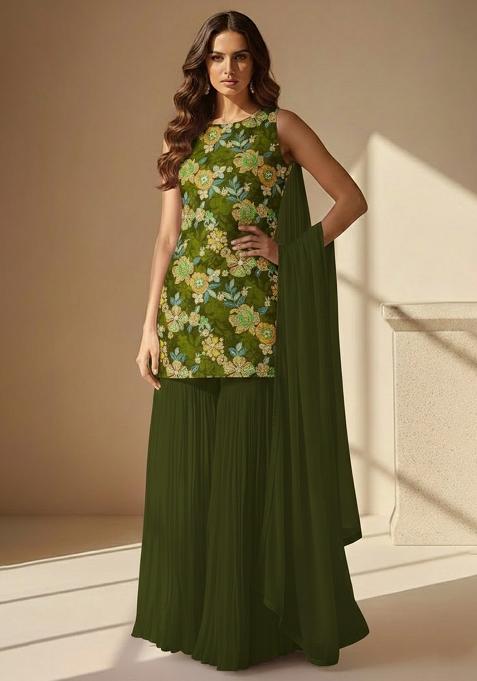Olive Green Floral Print Crepe Sharara Set
