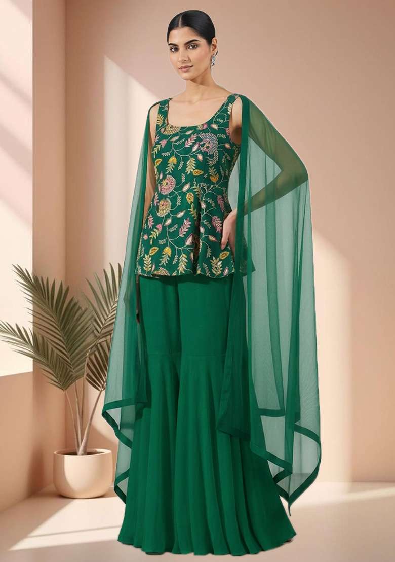 Emerald Green Floral Print Crepe Sharara Set - Indya