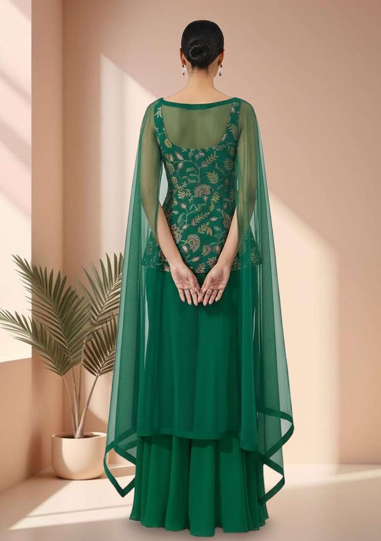 Emerald Green Floral Print Crepe Sharara Set - Indya