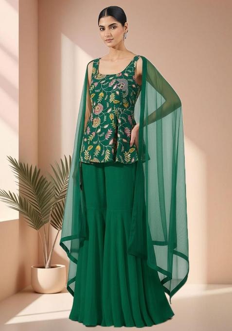 Emerald Green Floral Print Crepe Sharara Set