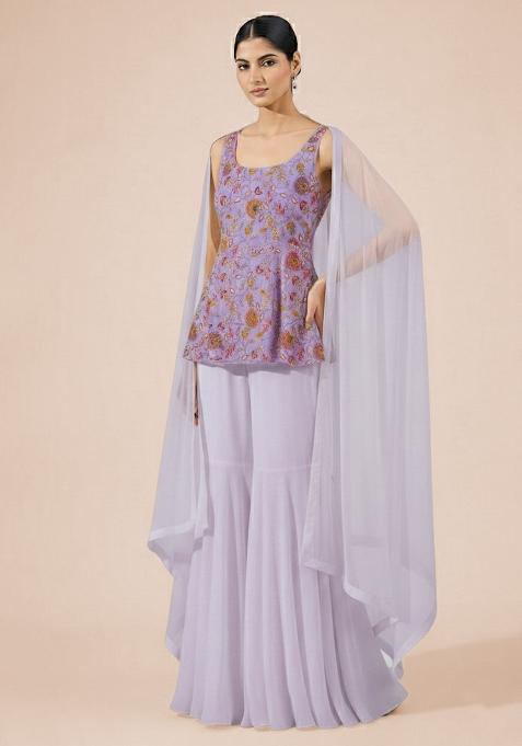 Lilac Floral Print Crepe Sharara Set
