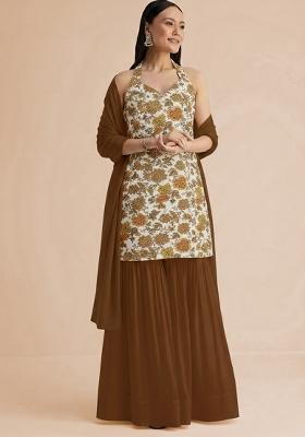 Camel Brown Embroidered Crepe Sharara Set