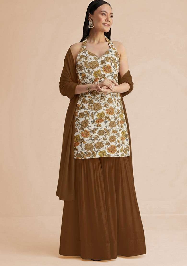 Camel Brown Embroidered Crepe Sharara Set - Indya