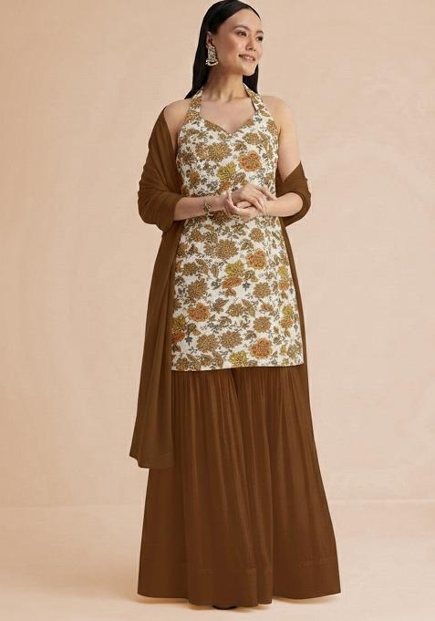 Camel Brown Embroidered Crepe Sharara Set