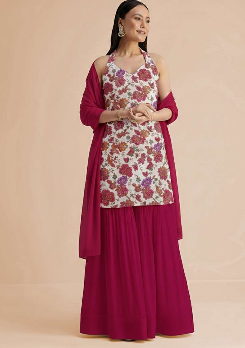 Rani Pink Embroidered Crepe Sharara Set - Indya