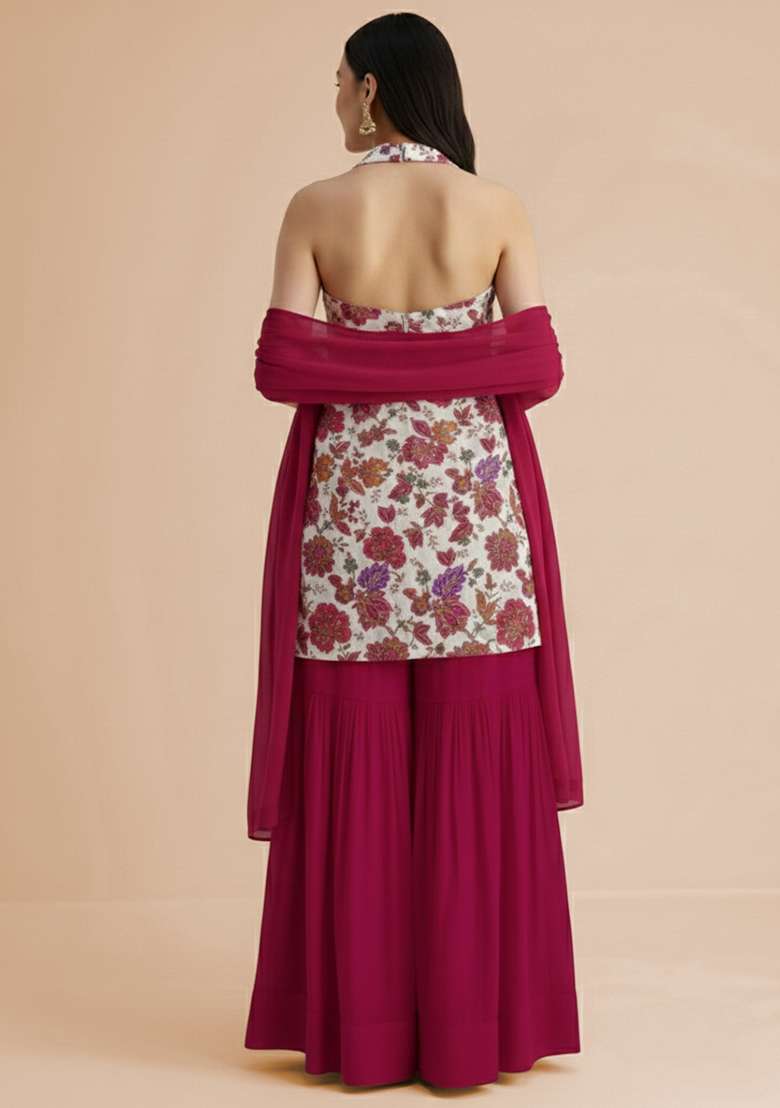 Rani Pink Embroidered Crepe Sharara Set - Indya