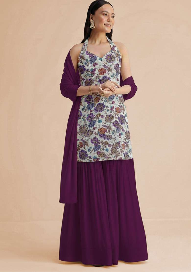 Purple Embroidered Crepe Sharara Set - Indya