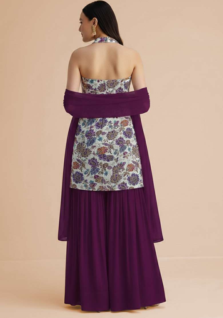 Purple Embroidered Crepe Sharara Set - Indya