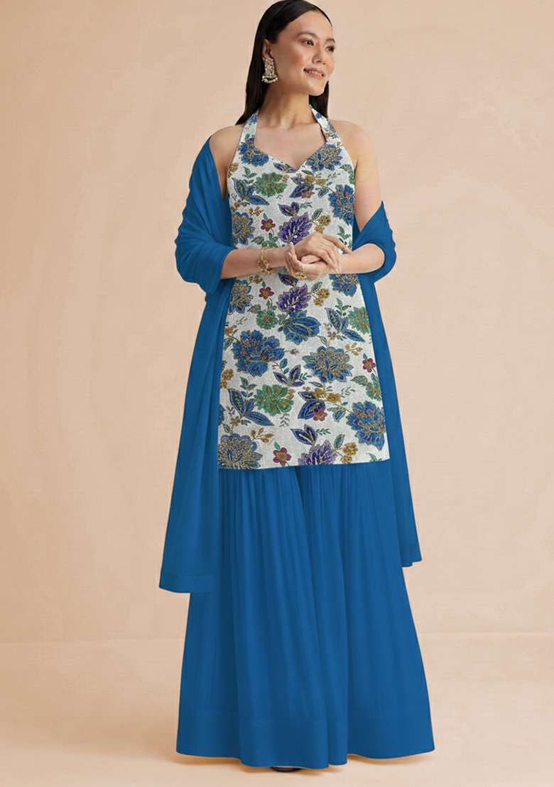 Royal Blue Embroidered Crepe Sharara Set - Indya