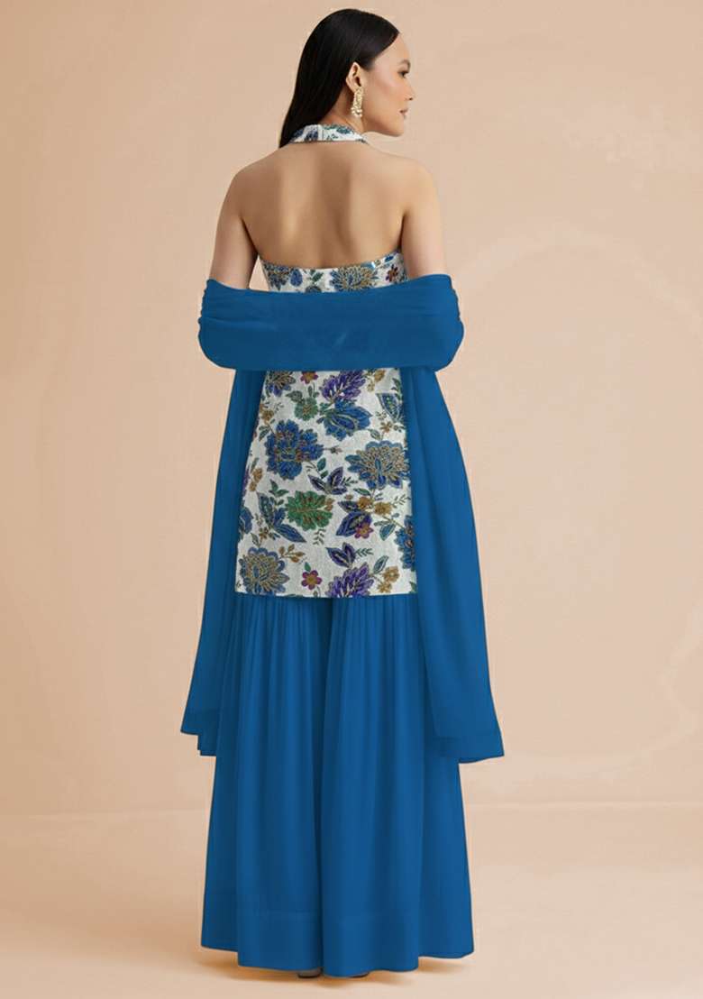 Royal Blue Embroidered Crepe Sharara Set - Indya
