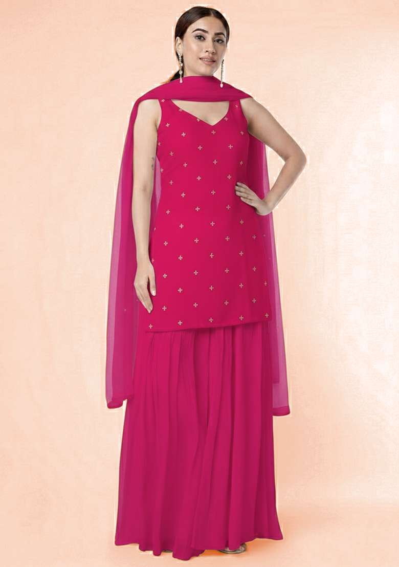 Rani Pink Embroidered Organza Sharara Set - Indya