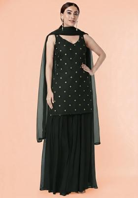 Black Embroidered Organza Sharara Set