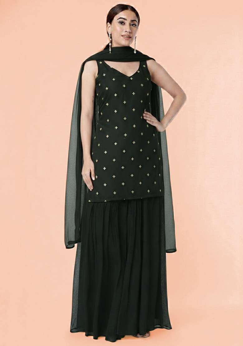 Black Embroidered Organza Sharara Set - Indya