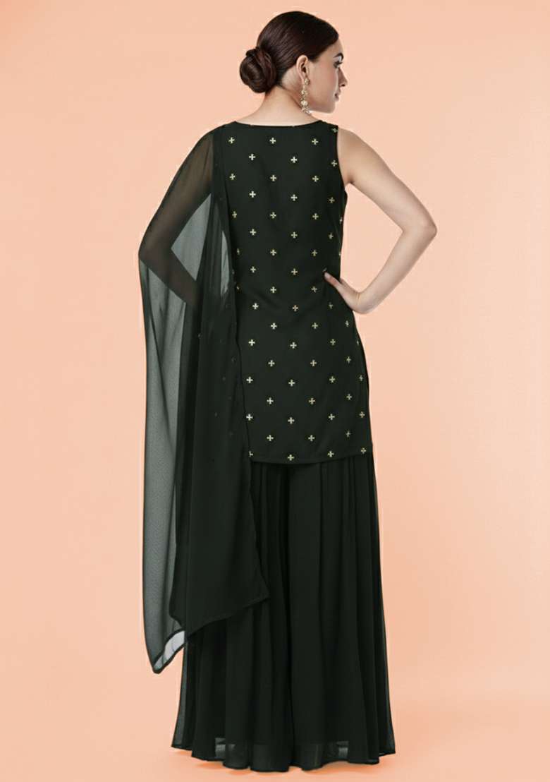 Black Embroidered Organza Sharara Set - Indya