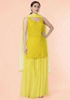 Yellow Embroidered Organza Sharara Set