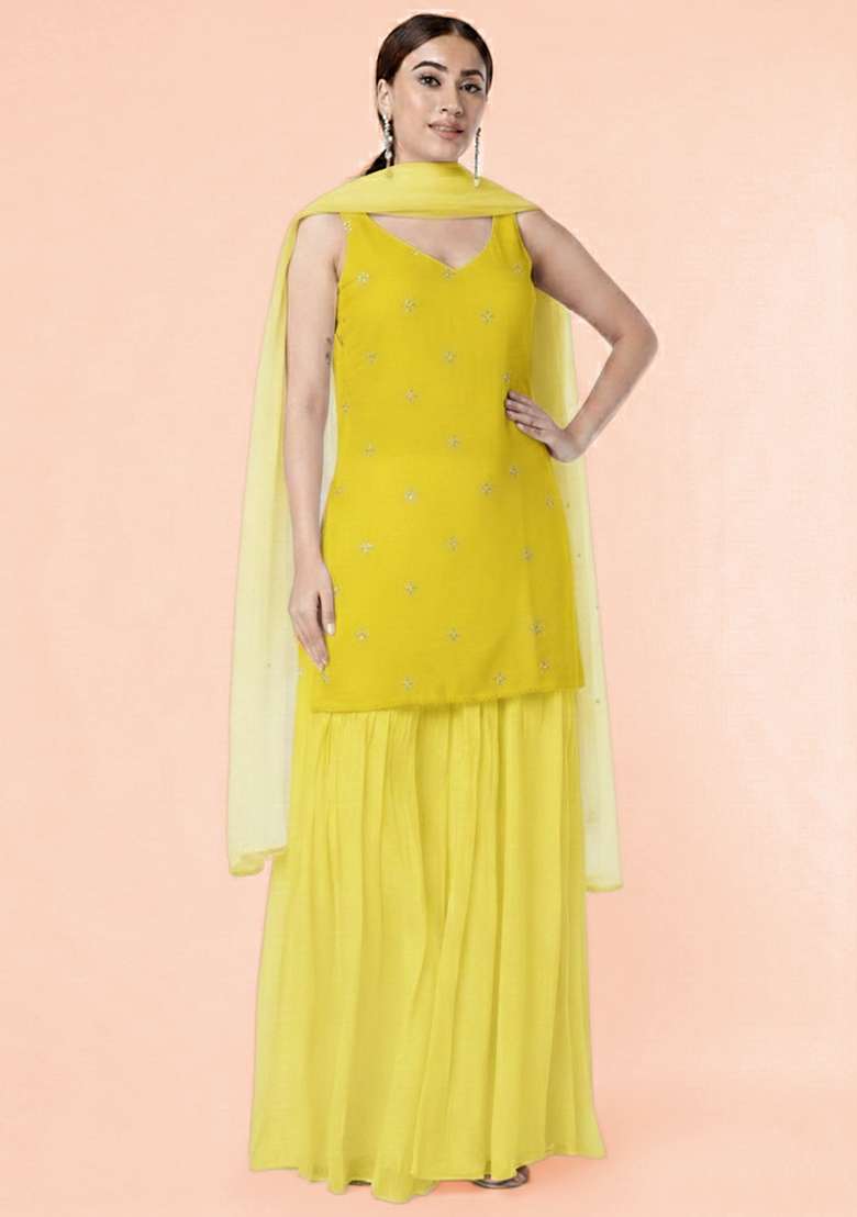 Yellow Embroidered Organza Sharara Set - Indya