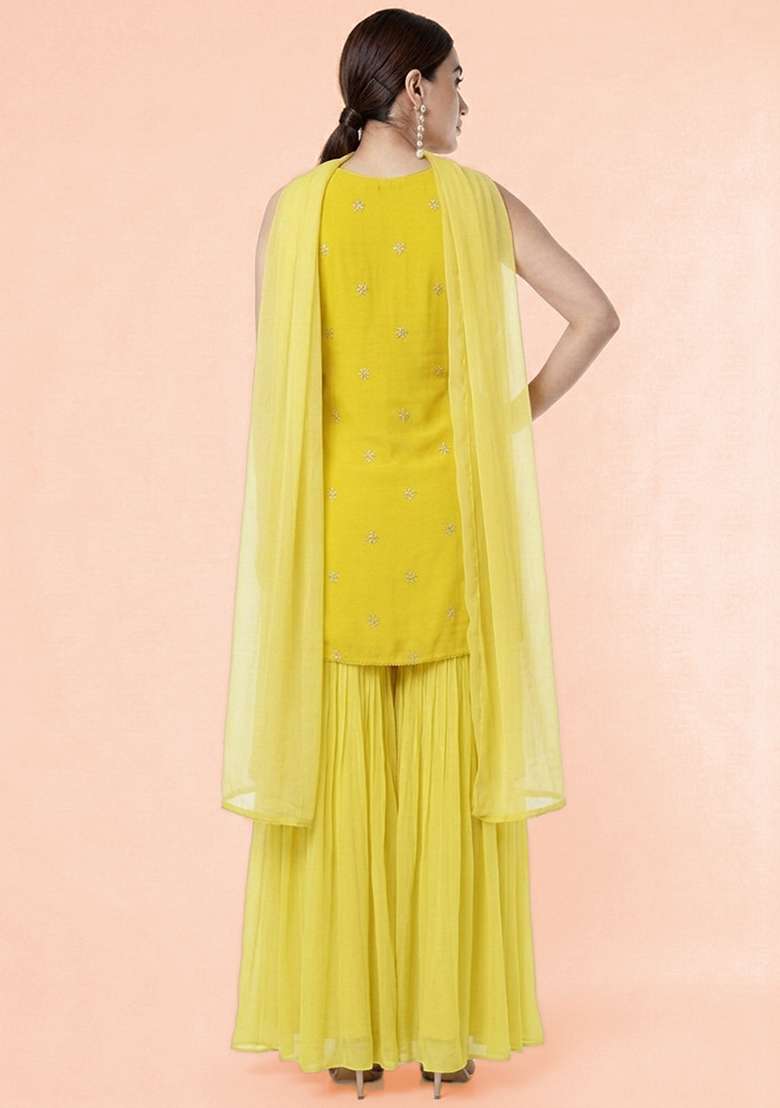 Yellow Embroidered Organza Sharara Set - Indya