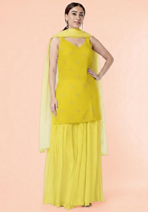 Yellow Embroidered Organza Sharara Set