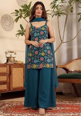Teal Green Floral Print Crepe Kurta Set