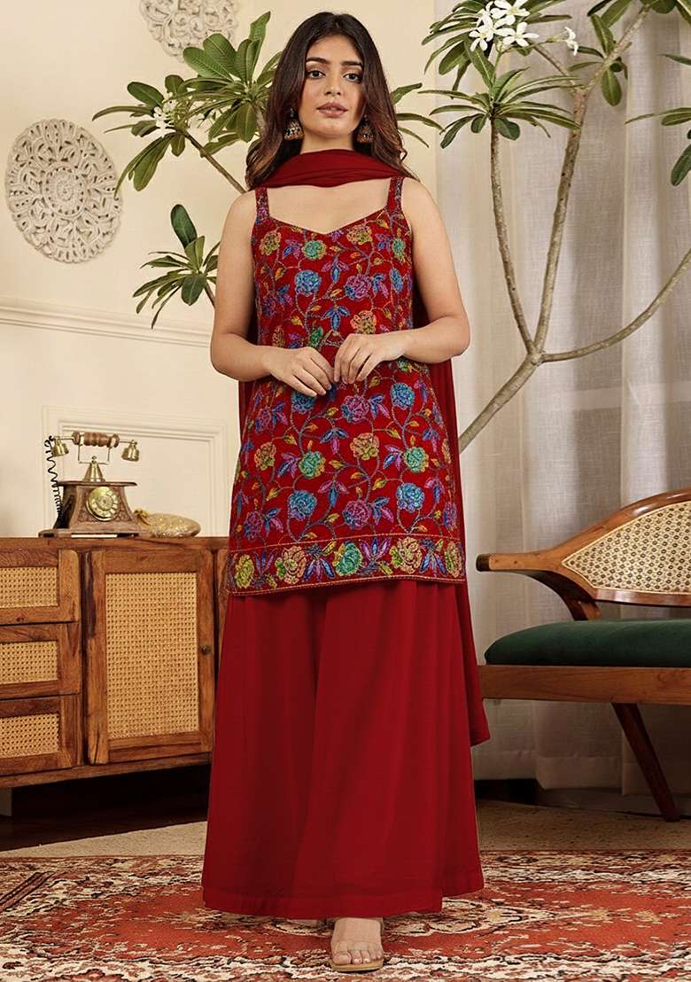 Deep Red Floral Print Crepe Kurta Set - Indya